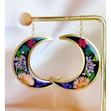 Black Moon Shape Real Flower Earrings