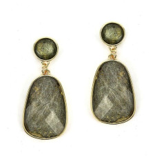 Gold Gray Rutilated Quartz Facet Stone Drop Earring