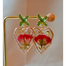 Pressed Rose Flower Heart Earrings