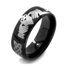 Mens Polished Black Plated Stainless Steel Claddagh Ring